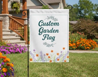 Bandera de jardín personalizada de 30 x 45 cm con soporte, con foto, logotipo y texto personalizados, set de decoración exterior de doble cara de SignTextile (bandera + asta)