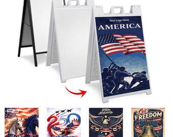 Letrero personalizado tipo caballete para el 250 aniversario del 4 de julio. Añada su texto, logotipo o imagen. 5 opciones de diseño. Tablero de acera de doble cara de 61 x 91 cm (24" x 36"). Impresión en EE. UU.