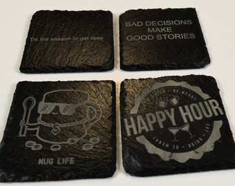 Engraved Black Slate Coasters Set of Four Happy Hour Theme 4" Square Rubber Slip Resistant Feet Waterproof