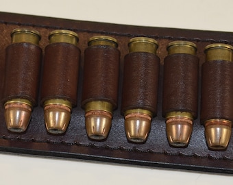 Handmade Leather Mahogany Belt Ammo Keeper 44/45 Cal Holds 6 Rounds Fits on Belts Up To 1 1/2" Wide Cartridges Not Included