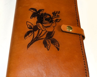 Handmade Engraved Rose Leather A5 Journal Cover Comes with 1 A5 lined journal installed Two pen loops and two card holder pockets.