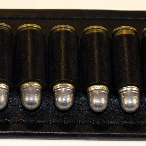 Porte-munitions pour ceinture en cuir fait main .38 Special / .357 Mag. Contient 6 cartouches Convient aux ceintures jusqu'à 1 1/2" de large Cartouches non incluses