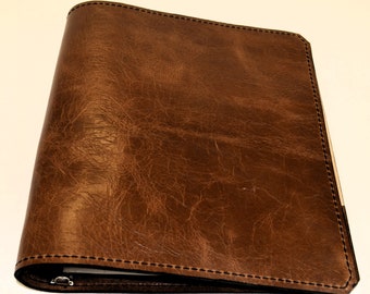 Handmade Soft Brown Leather Three Ring Notebook. 1"  Binder Rings. Standard Three Hole notebook paper. Two interior pockets.