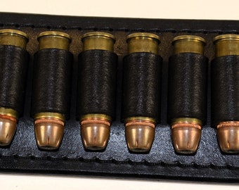 Handmade Leather Black Belt Ammo Keeper 44/45 Cal Holds 6 Rounds Fits on Belts Up To 1 1/2" Wide Cartridges Not Included