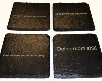 Engraved Black Slate Coasters Set of Four A Moms Day Theme 4" Square Rubber Slip Resistant Feet