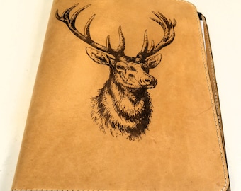 Handmade Leather Letter Size Portfolio Engraved Deer On The Cover. Leaping Deer Inside.