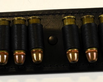 Cinturón portamuniciones de cuero negro hecho a mano: calibre .44/.45, 12 cartuchos.