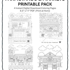 May include: Black and white printable pack titled "Farmstands & Markets" with four coloring pages. Includes a farmer's market, a farm stand, Dinky's Marketplace, and Fox Grocery. Each page is 8.5" x 11" and can be printed at home.