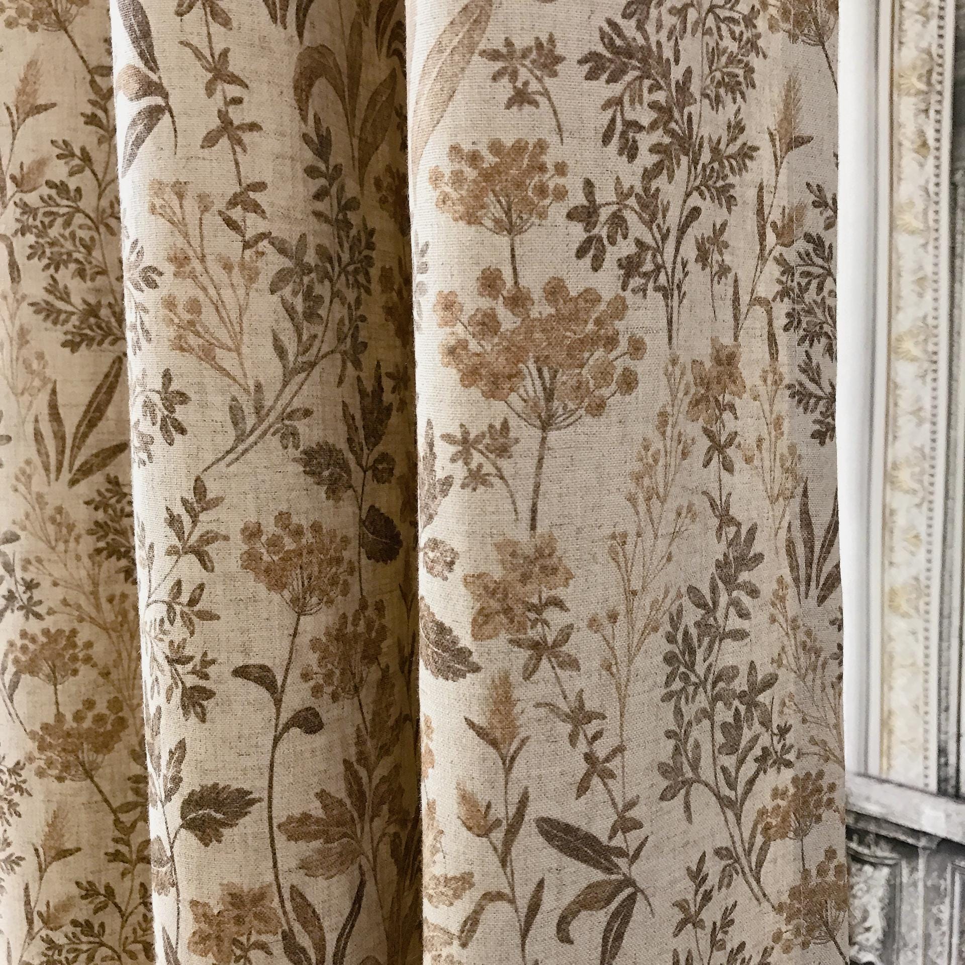 Linen-blend Floral Curtains in Natural Beige, Botanical Drapes, Custom