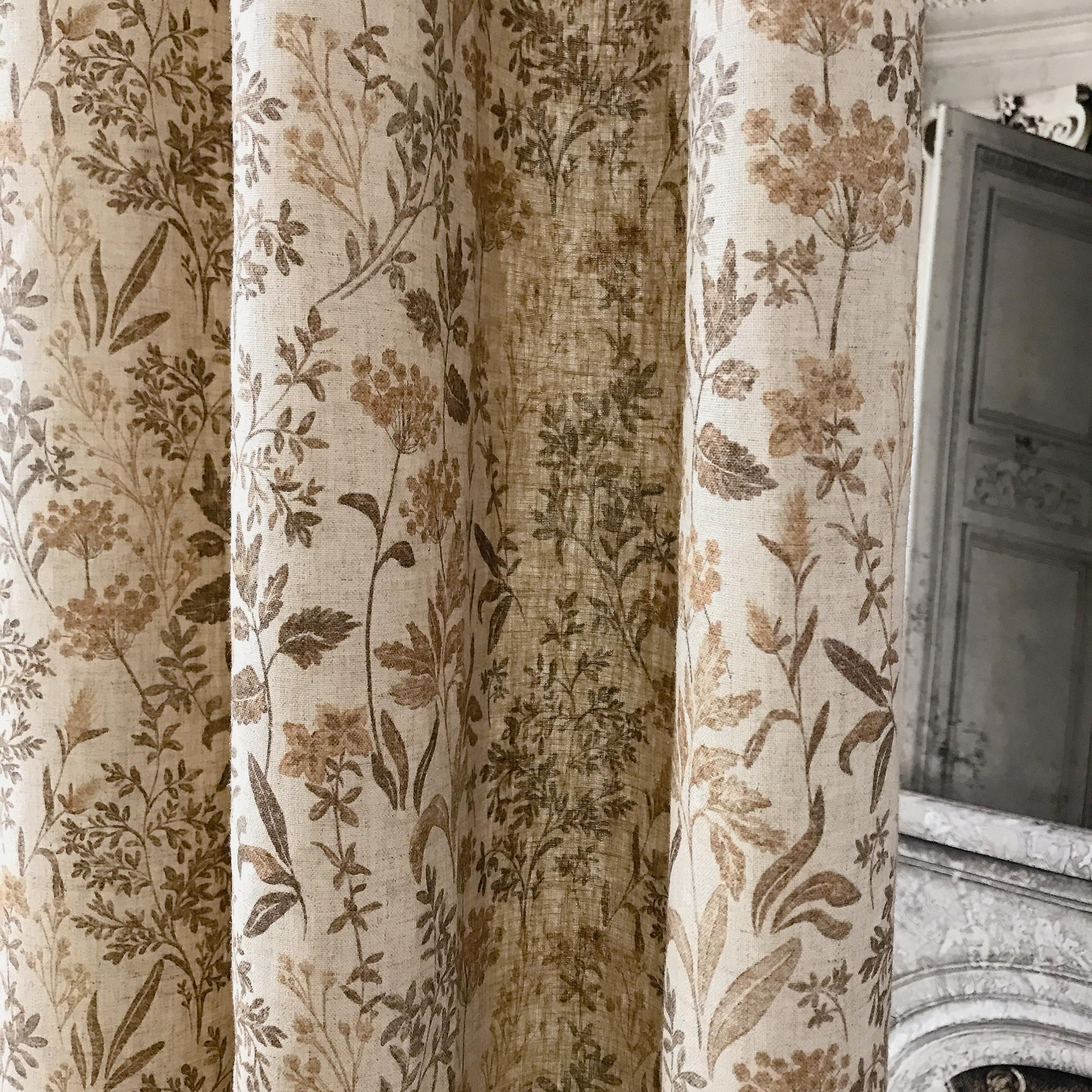 Linen-blend Floral Curtains in Natural Beige, Botanical Drapes, Custom