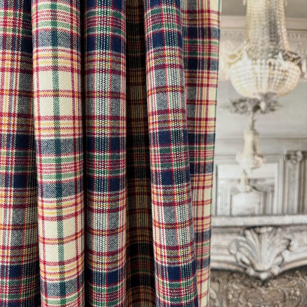 Navy Red Green Plaid Curtains on Ivory, Yarn-Dyed Brushed Cotton Custom Panels