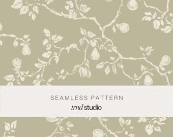 Pear Toile Seamless Pattern in Sage Green | Heirloom Vintage Botanical Design (PNG Digital Download)