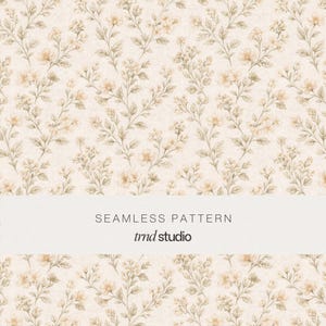 Puede incluir: Un patrón sin costuras con un diseño botánico repetitivo de pequeñas flores de color beige claro y hojas verdes sobre un fondo crema. Una banda blanca horizontal en el centro muestra el texto SEAMLESS PATTERN y trnd studio.