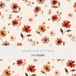 May include: A seamless pattern featuring watercolor-style flowers in shades of red, orange, and soft pink on a cream background. A horizontal white band across the center displays the text SEAMLESS PATTERN and the brand name trnd studio.