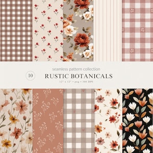 Puede incluir: Una colección digital de diez patrones sin costuras con diseños botánicos y geométricos. El conjunto incluye estampados florales en acuarela en rojo, naranja y crema, junto con cuadros vichy marrones y rosas, rayas y motivos florales.