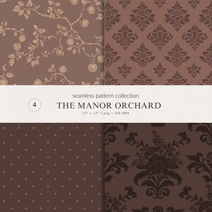 Op de afbeelding: Een naadloze patrooncollectie getiteld THE MANOR ORCHARD met vier verschillende ontwerpen in bruintinten. De patronen omvatten een appelboomtakmotief, een damastprint, een stippenpatroon en een bloemendamast, allemaal 30,48 cm bij 30,48 cm groot.