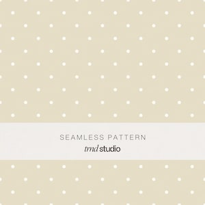 Puede incluir: Un patrón sin costuras con pequeños lunares blancos espaciados uniformemente sobre un fondo beige claro. El texto "SEAMLESS PATTERN" y "tmd studio" se muestra en una pancarta blanca.