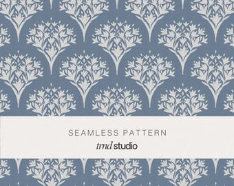Blue Damask Coastal Seamless Pattern | Classic Mediterranean Nautical Botanical Design (PNG Digital Download)