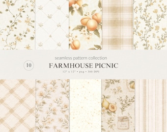 Cottagecore Peach Wildflower Seamless Pattern Collection | Vintage Farmhouse Spring Designs (PNG Bundle Digital Download)