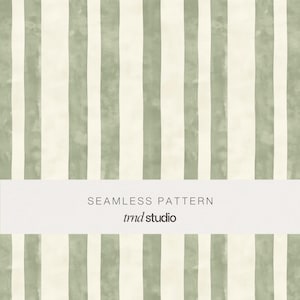 May include: Seamless pattern with vertical stripes in muted green and off-white. The stripes have a hand-painted look, with slight variations in width and color. The text "SEAMLESS PATTERN" and "trnd studio" are displayed on a white banner.
