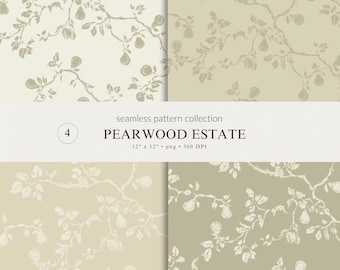 Pear Toile Seamless Pattern Collection | Vintage French Country Botanical Designs (PNG Bundle Digital Download)