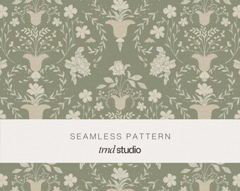 Sage Green Vintage Floral Seamless Pattern | Heirloom Traditional Botanical Damask Design (PNG Digital Download)