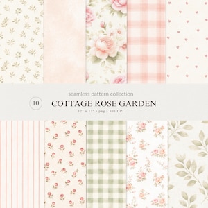 Puede incluir: Una colección de diez patrones sin costuras con temática floral y cottagecore. Los patrones incluyen rosas, cuadros vichy, rayas y corazones en tonos suaves de rosa, verde y beige. El texto dice "COTTAGE ROSE GARDEN". Cada patrón mide 30.48 cm x 30.48 cm.