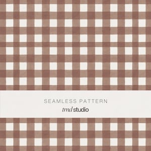 May include: A seamless gingham pattern featuring a repeating grid of soft brown and white squares. A horizontal white band across the center contains the text SEAMLESS PATTERN and trnd studio in a clean, dark gray sans-serif typeface.