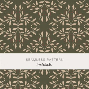 Puede incluir: Un patrón sin costuras que presenta un diseño botánico repetitivo de hojas beige y pequeñas bayas rojas sobre un fondo verde oliva oscuro. Una banda horizontal blanca en el centro muestra el texto SEAMLESS PATTERN y trnd studio.