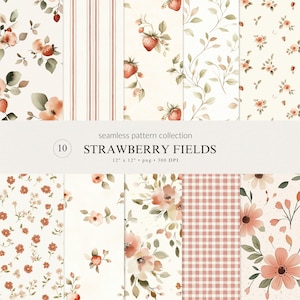 May include: A digital seamless pattern collection titled STRAWBERRY FIELDS, featuring ten designs with watercolor strawberries, flowers, leaves, stripes, and gingham checks in shades of red, pink, and cream, measuring 12 inches by 12 inches.