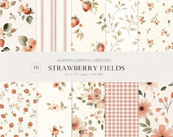 Strawberry Cottagecore Floral Seamless Pattern Collection | Summer Garden Botanical Designs (PNG Bundle Digital Download)