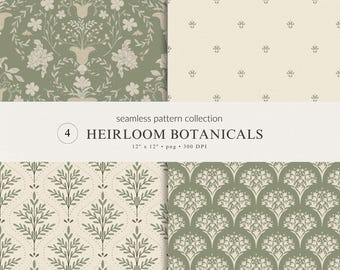 Heirloom botanische naadloze patrooncollectie | Klassieke Victoriaanse tuinontwerpen (digitale download van png-bundel)