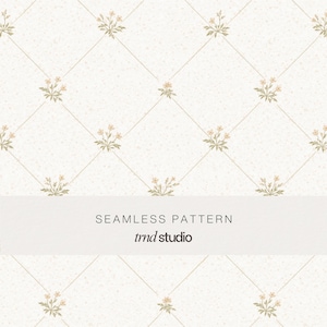 May include: A seamless pattern featuring a white background with a subtle speckled texture and a thin tan diamond grid. Small clusters of light pink flowers with green leaves are positioned at each intersection. Text reads SEAMLESS PATTERN trnd studio.