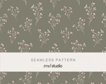 Sage Green Wildflower Botanical Seamless Pattern | Heirloom Cottagecore Apothecary Design (PNG Digital Download)