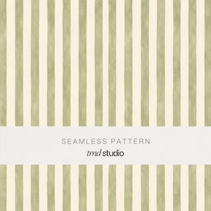 May include: A seamless pattern featuring vertical stripes in alternating shades of sage green and off-white with a watercolor texture. A horizontal white band across the center displays the text SEAMLESS PATTERN and trnd studio.