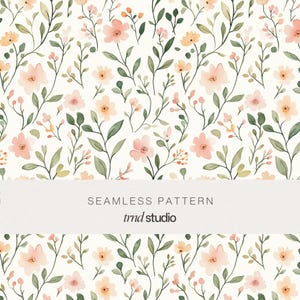 Peut inclure: Un motif répétitif composé d'illustrations à l'aquarelle de petites fleurs roses et jaunes avec des feuilles et des tiges vertes sur fond blanc. Une bande horizontale au centre affiche le texte SEAMLESS PATTERN et trnd studio.