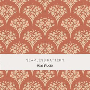 May include: A seamless pattern featuring a repeating floral motif in cream on a terracotta background. A horizontal white band across the center displays the text SEAMLESS PATTERN and trnd studio in a dark gray sans-serif font.