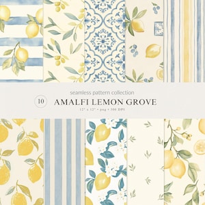 May include: A collection of ten seamless patterns featuring watercolor designs. The patterns include lemons, stripes, and floral motifs in shades of yellow, blue, and cream. The text reads "AMALFI LEMON GROVE" and "12" x 12" png 300 DPI".