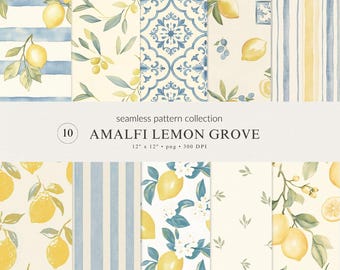 Mediterranean Lemon Seamless Pattern Collection | Italian Coastal Summer Citrus Designs (PNG Bundle Digital Download)