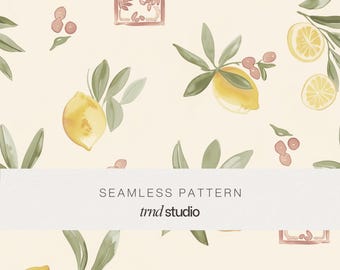 Tuscan Lemon & Olive Seamless Pattern | Watercolor Mediterranean Coastal Design (PNG Digital Download)