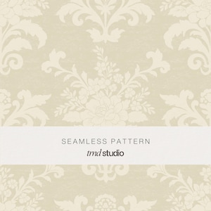 May include: A seamless pattern featuring a light beige damask design with intricate floral motifs and scrolling leaves. A white horizontal band across the center displays the text SEAMLESS PATTERN and the brand name trnd studio in black.