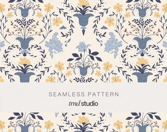 Classic Floral Damask Seamless Pattern | Mediterranean Coastal Botanical Delft Design (PNG Digital Download)