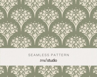 Vintage Botanical Damask Seamless Pattern in Sage Green | Heirloom Cottagecore Design (PNG Digital Download)