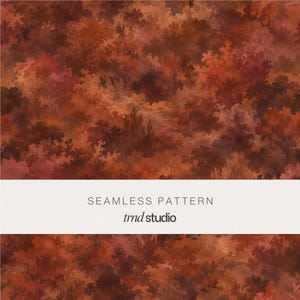 May include: A seamless pattern featuring a dense forest landscape in shades of deep red, burnt orange, and dark brown. A white horizontal band across the center displays the text SEAMLESS PATTERN and trnd studio in black.