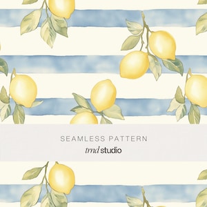May include: Seamless pattern featuring yellow lemons with green leaves on branches, set against a backdrop of blue and white horizontal stripes. The text "SEAMLESS PATTERN" and "trnd studio" are displayed.