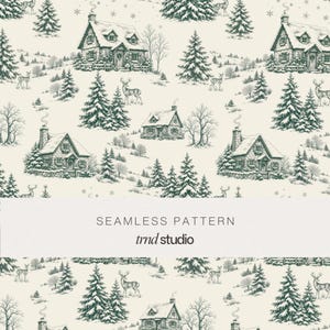 May include: A seamless pattern featuring a winter landscape with dark green illustrations of cottages, pine trees, and deer on a cream background. The text SEAMLESS PATTERN and trnd studio is printed in the center of the image over a white band.