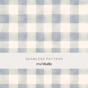 May include: A blue and white gingham seamless pattern. The design consists of evenly spaced squares, offering a classic and adaptable look. The text "SEAMLESS PATTERN" and "trnd studio" are displayed on a white banner across the image.