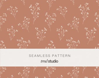 Wildflower Botanical Seamless Pattern in Dusty Rose | Heirloom Cottagecore Floral Design (PNG Digital Download)