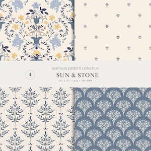 May include: A seamless pattern collection titled SUN & STONE featuring four distinct designs. Patterns include floral motifs in blue and yellow on cream, a small blue sprig print, a leafy botanical grid, and a blue and white scalloped floral design.