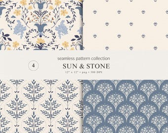 Mediterranean Botanical Seamless Pattern Collection | Nautical Coastal Tile Designs (PNG Bundle Digital Download)